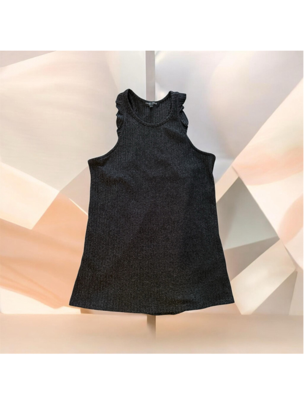 Women's David Lerner Black Ribbed Ruffle Tank Top Size L